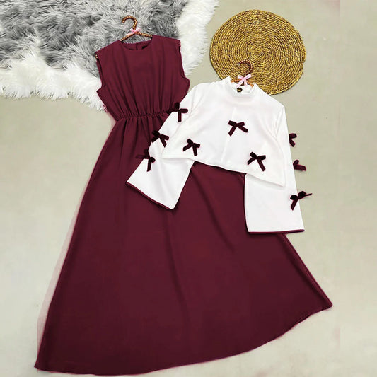 Classic Wine Maxi Dress with Ribbon Shrug