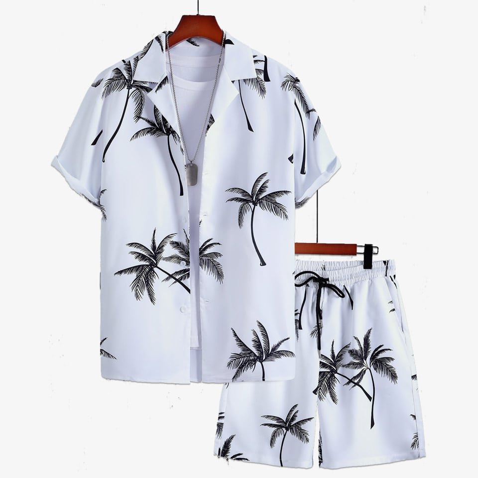 Men’s Coconut Trees Print Shirt Shorts Set Trendy Casual 2 Pcs Outfits