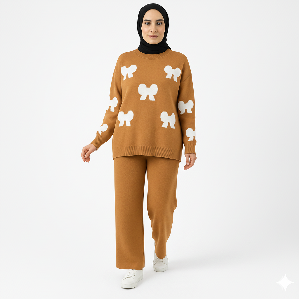 Bow Printed Premium Quality Winter 2-Pcs Co-Ord Set. CWTS-23