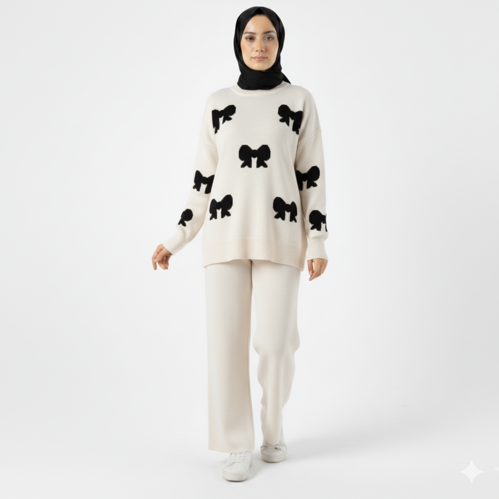 Bow Printed Premium Quality Winter 2-Pcs Co-Ord Set. CWTS-23