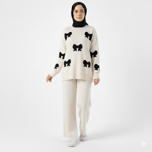 Bow Printed Premium Quality Winter 2-Pcs Co-Ord Set. CWTS-23