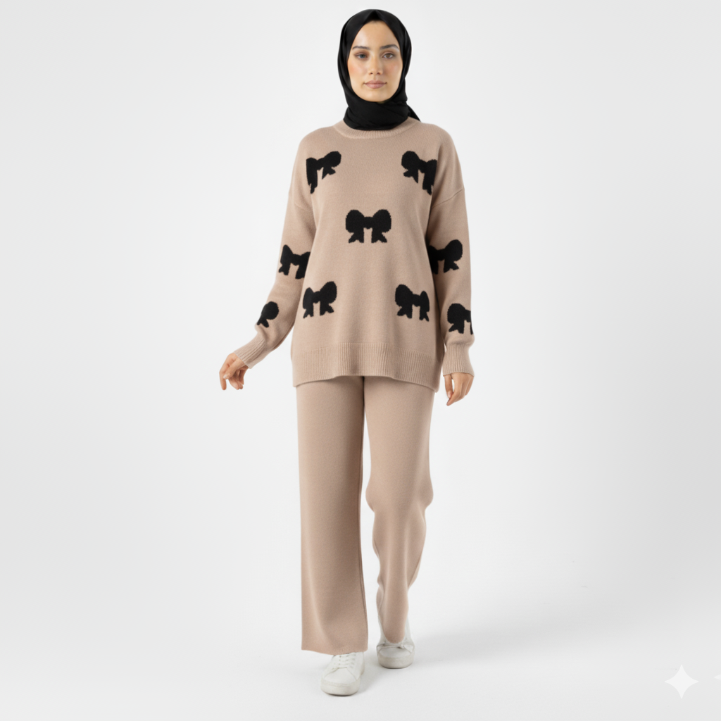 Bow Printed Premium Quality Winter 2-Pcs Co-Ord Set. CWTS-23