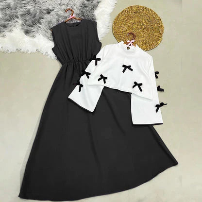 Classic Wine Maxi Dress with Ribbon Shrug