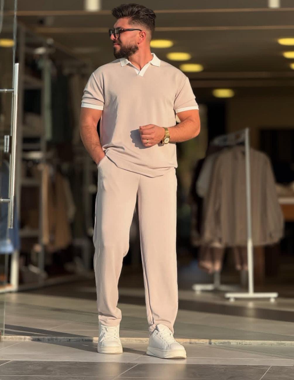 Men’s White Collar Premium Polo Co-Ord Set MMSS-11