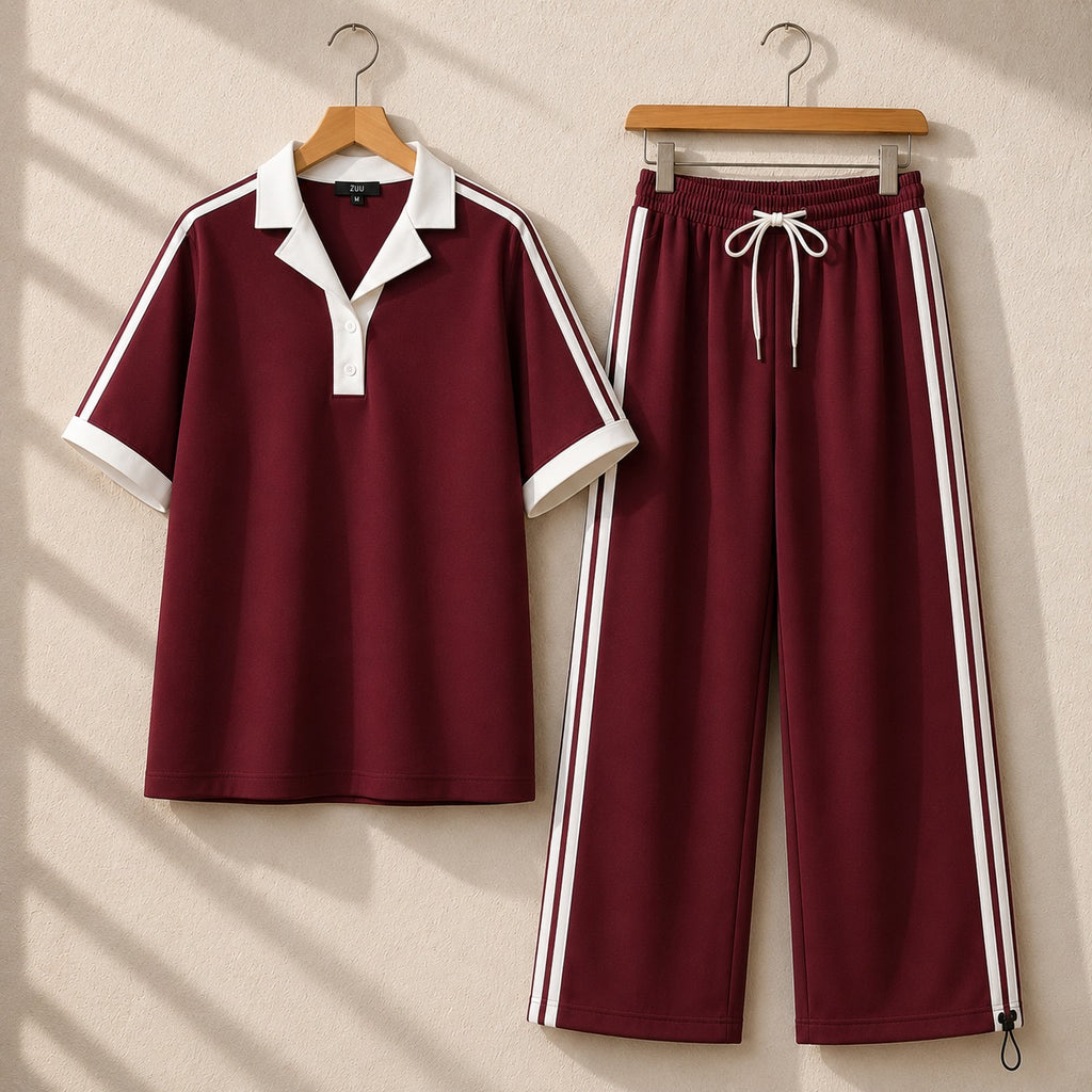 Contrast Collar Style Western 2-Pcs Summer Dry-Fit Tracksuit For Her.