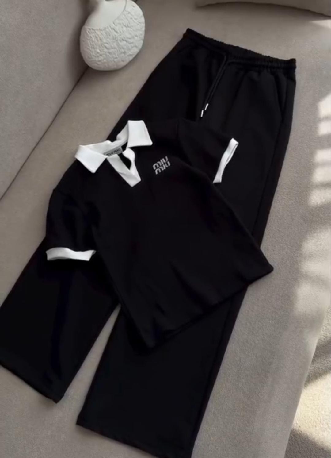 Contrast Trim T-shirt & Wide-Leg Trouser Set MWTS-43